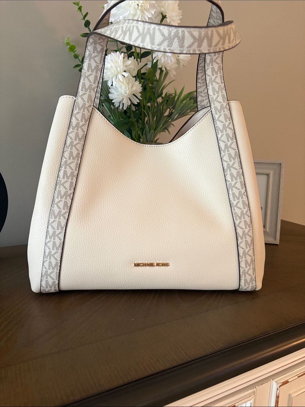 Michael Kors Cream Pebbled Leather Tote with Signature Trim